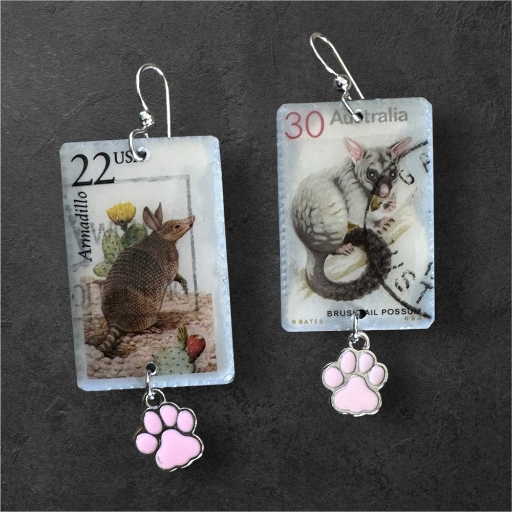 Bushtail possum armadillo vintage postage stamps custom earrings sterling wires
